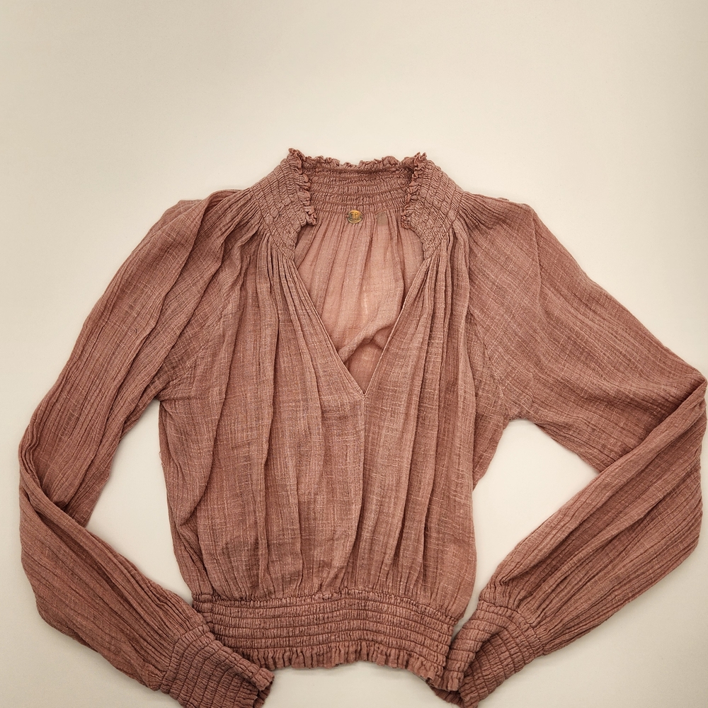 Free People FP One Boho Peasant Blouse Smocked Waist Long Sleeve Pink Top